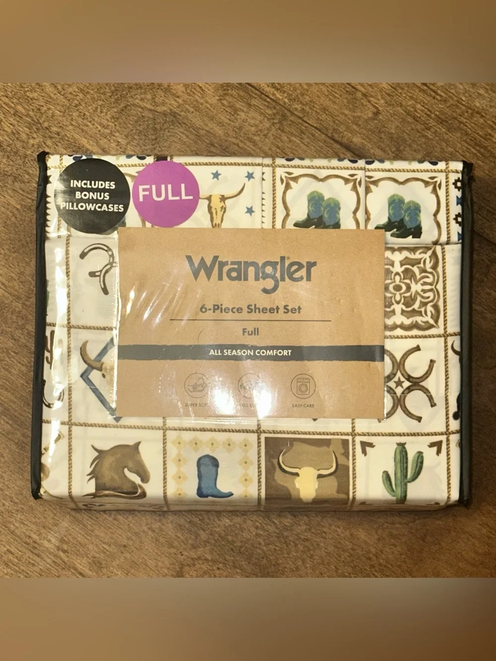 NEW Wrangler White Brown FULL 6pc Sheets Set Western Cowboy Tiles Horses Aztec